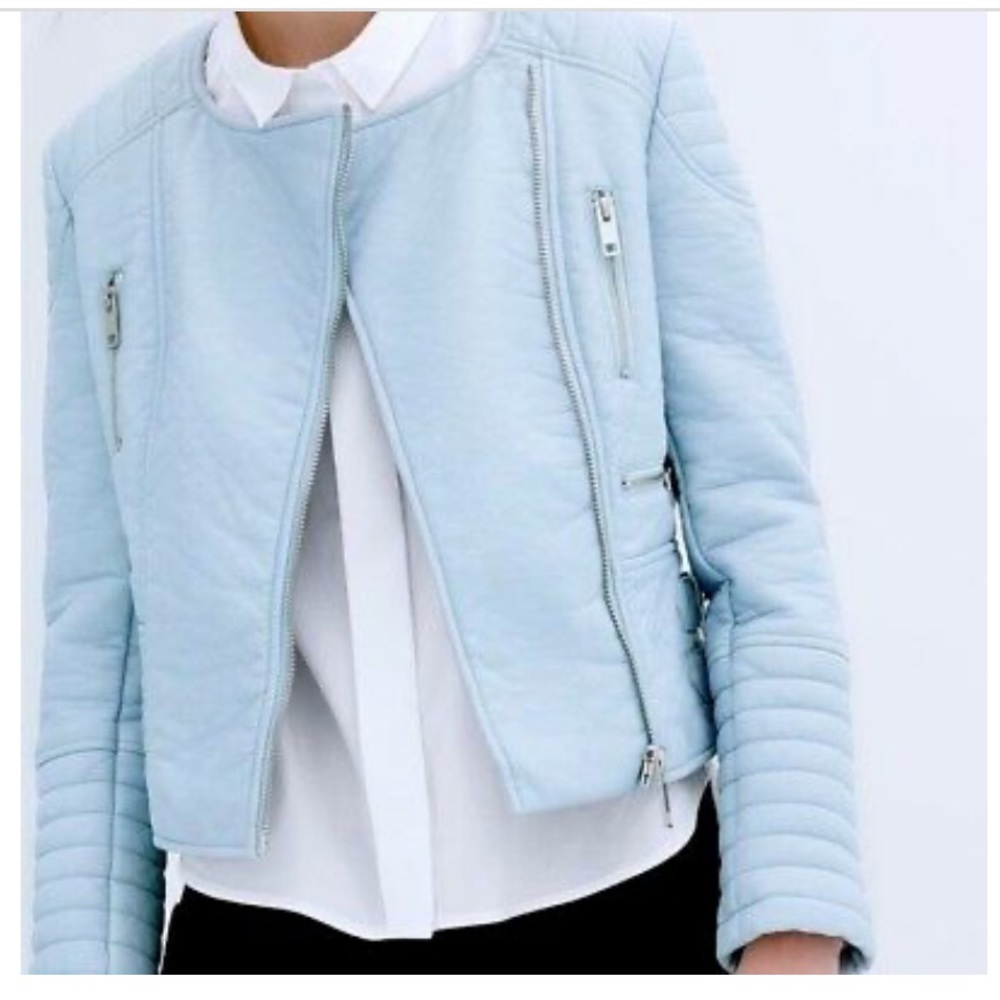 Zara | Pastel blue faux leather moto jacket